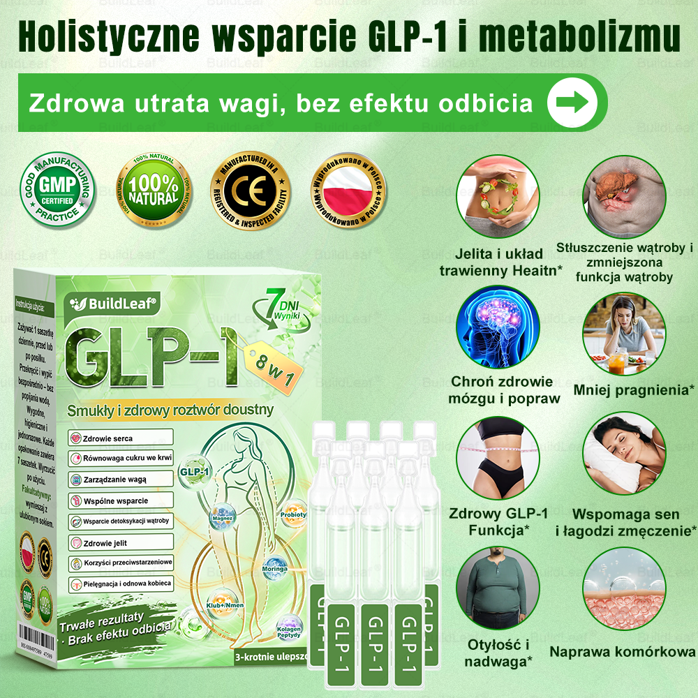 🖤🔥 Black Friday | Oficjalny sklep 👩‍⚕️ BuildLeaf® GLP-1 8-w-1 roztwór doustny (raz dziennie, efekty w 7 dni) Wspiera odchudzanie, serce, cukier, sen, jelita, stawy oraz ujędrnia skórę i dodaje energii